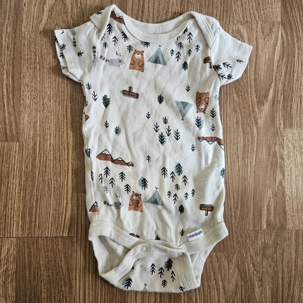 Gerber Cream Baby Onesie with Bear and Tree Design